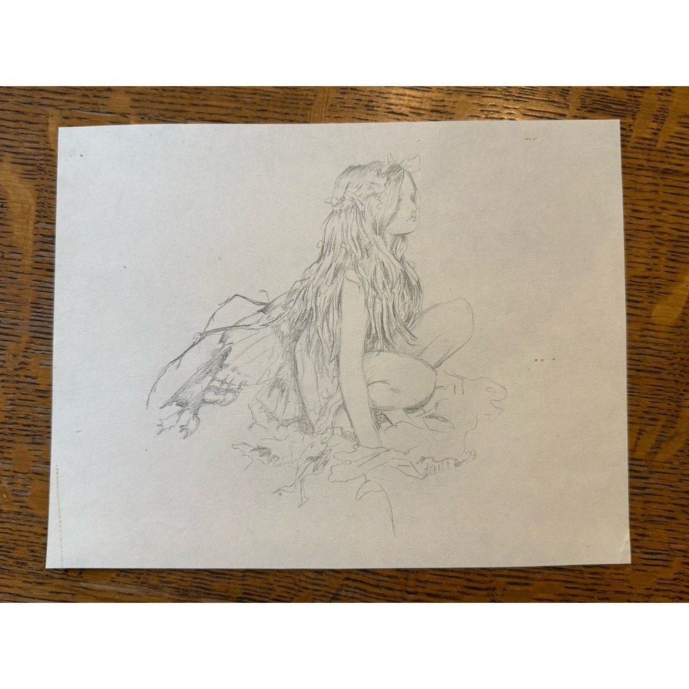 Vintage 1970s Original Pencil Drawing Fairy Girl Outsider Art 6"x8.5" Fairycore